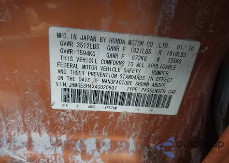 2010 Honda Fit Sport from USA, damaged, VIN JHMGE8H4XAC020907